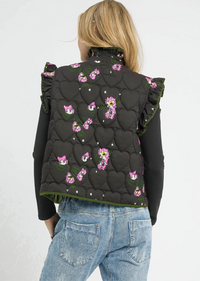 Ruffled Quilted Floral Snap Down Vest