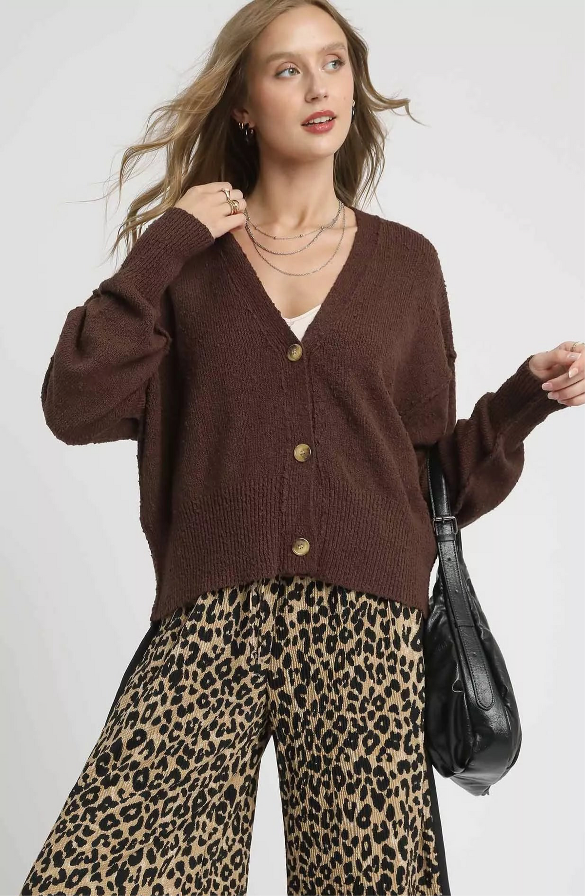Button-Front V-Neck Knit Cardigan