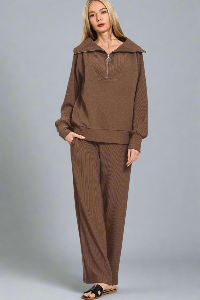 Ribbed High Neck Half Zip Pullover & Pants Set