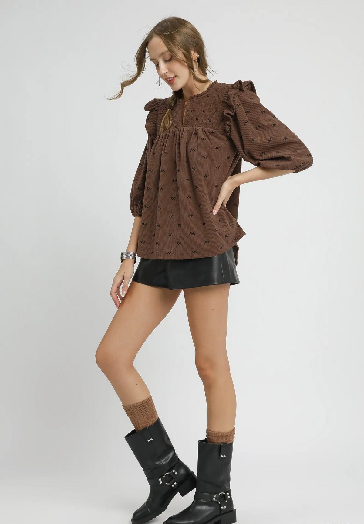 Bow Print Corduroy Puff Sleeve Blouse with Ruffled