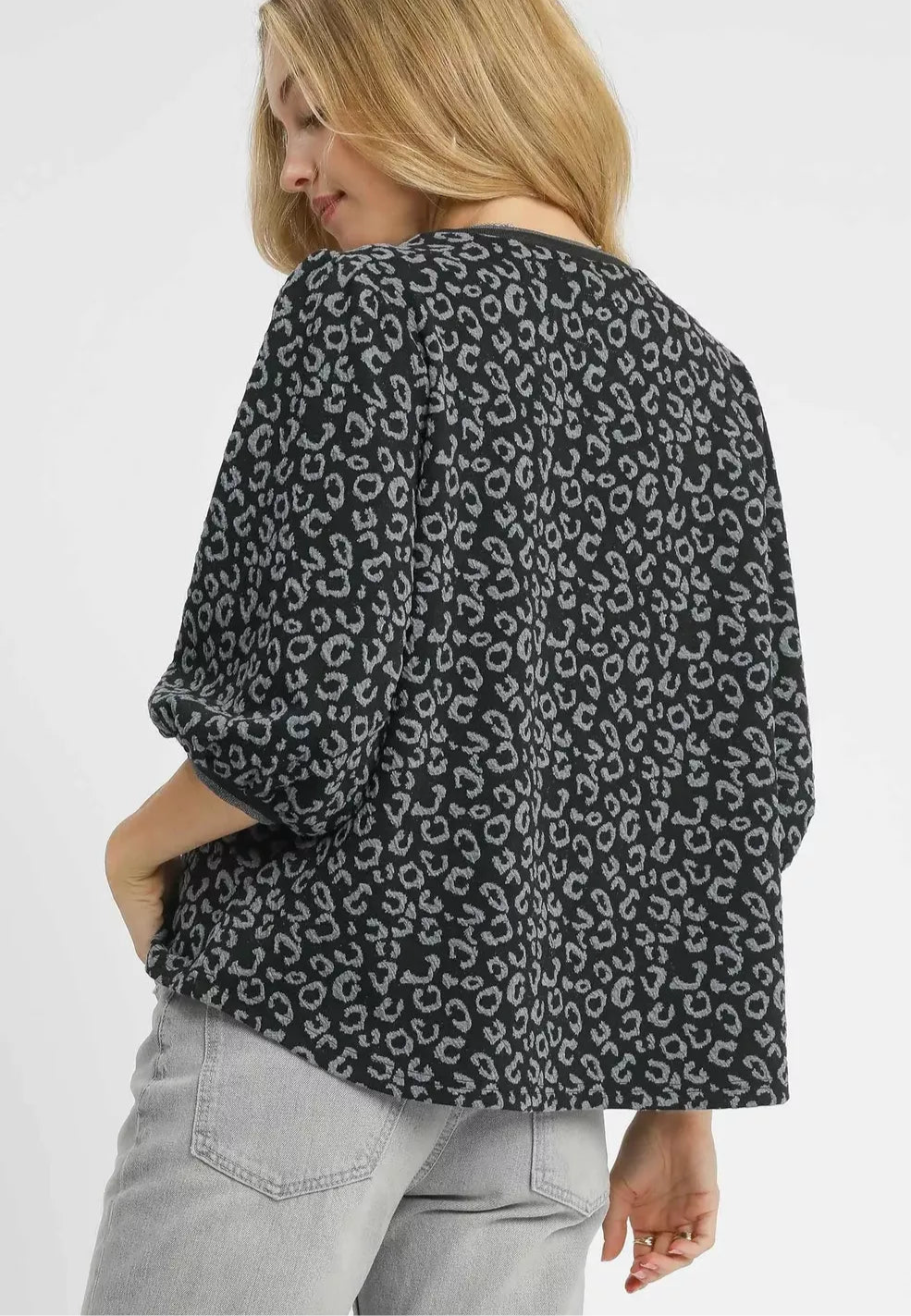 Leopard Print Jacquard Blouse with Puff Sleeves