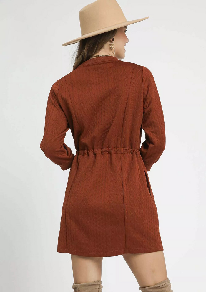 Drawstring Cable Knit Mini Dress with Pockets