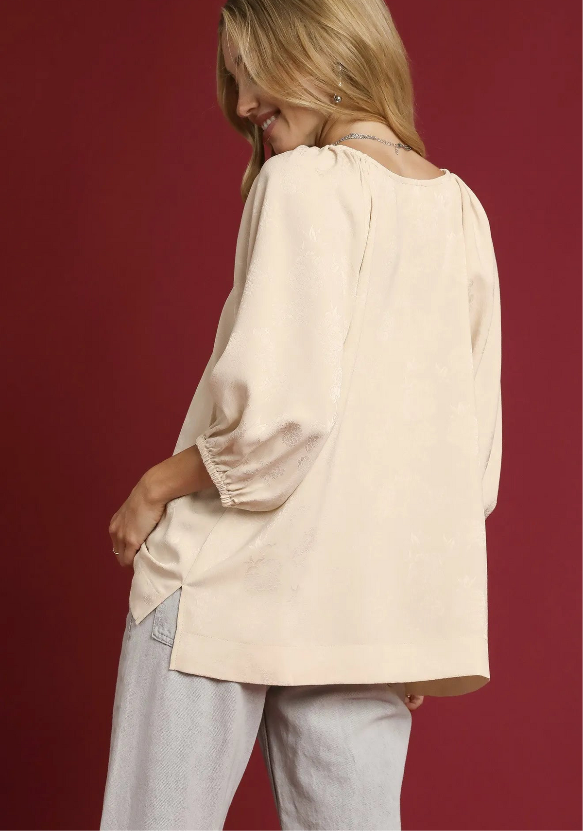 Satin Jacquard Balloon Sleeve Blouse