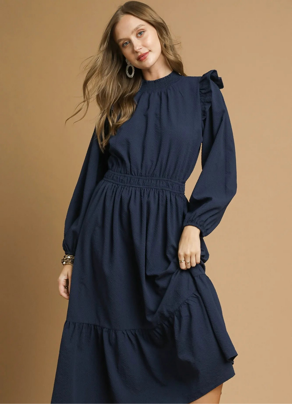 Textured Midi Dress with Ruffle Shoulder Detail