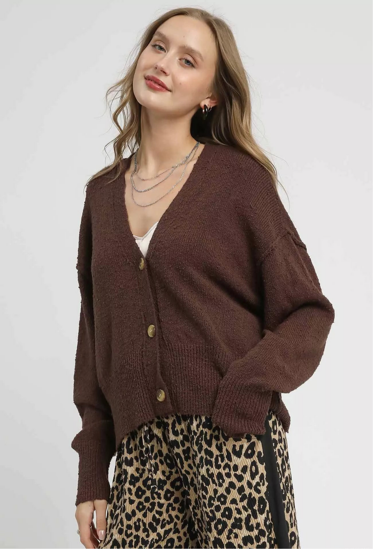Button-Front V-Neck Knit Cardigan