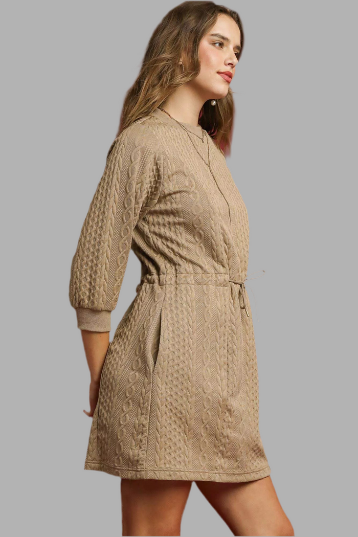 Drawstring Cable Knit Mini Dress with Pockets