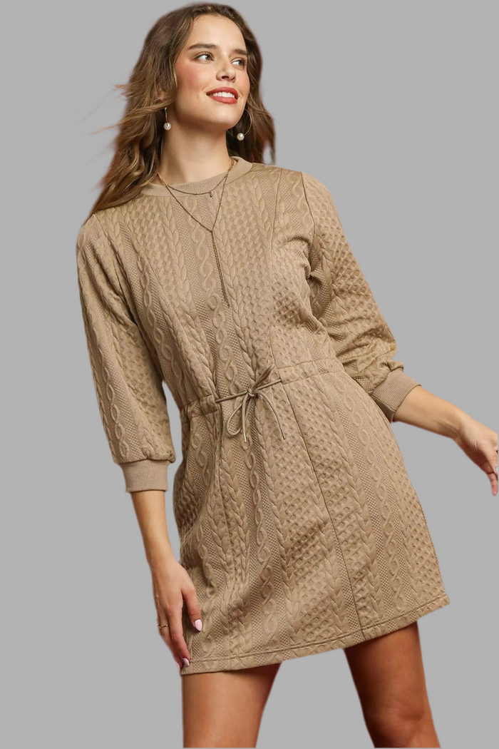 Drawstring Cable Knit Mini Dress with Pockets