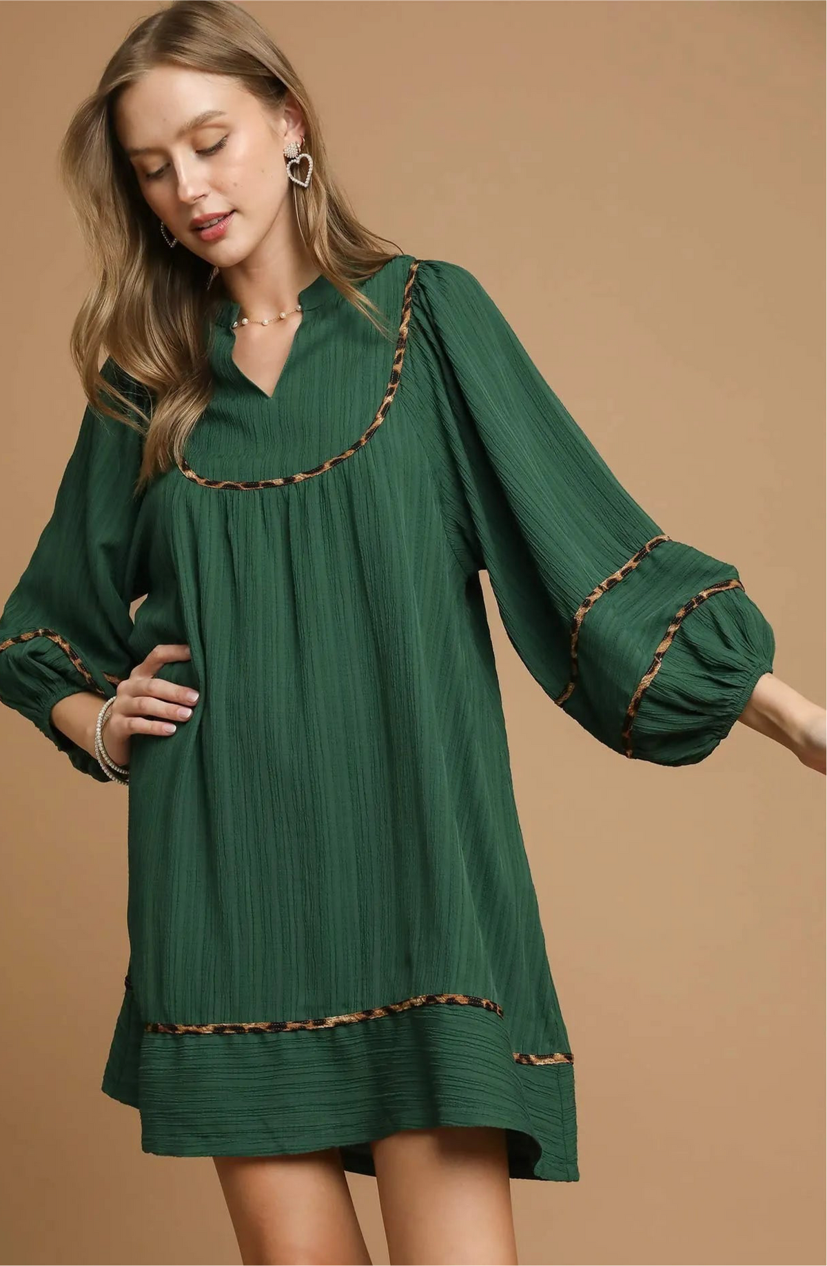 Textured Babydoll Dress with Leopard Trim