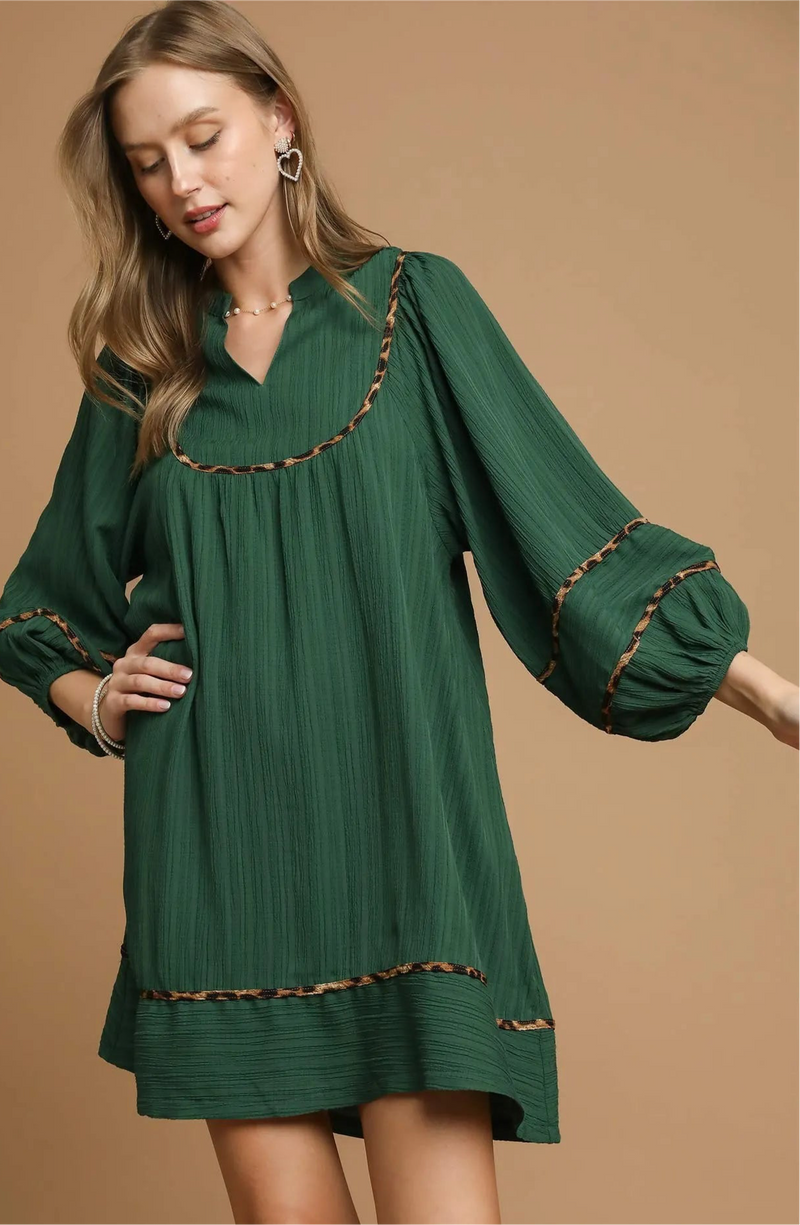 Textured Babydoll Dress with Leopard Trim