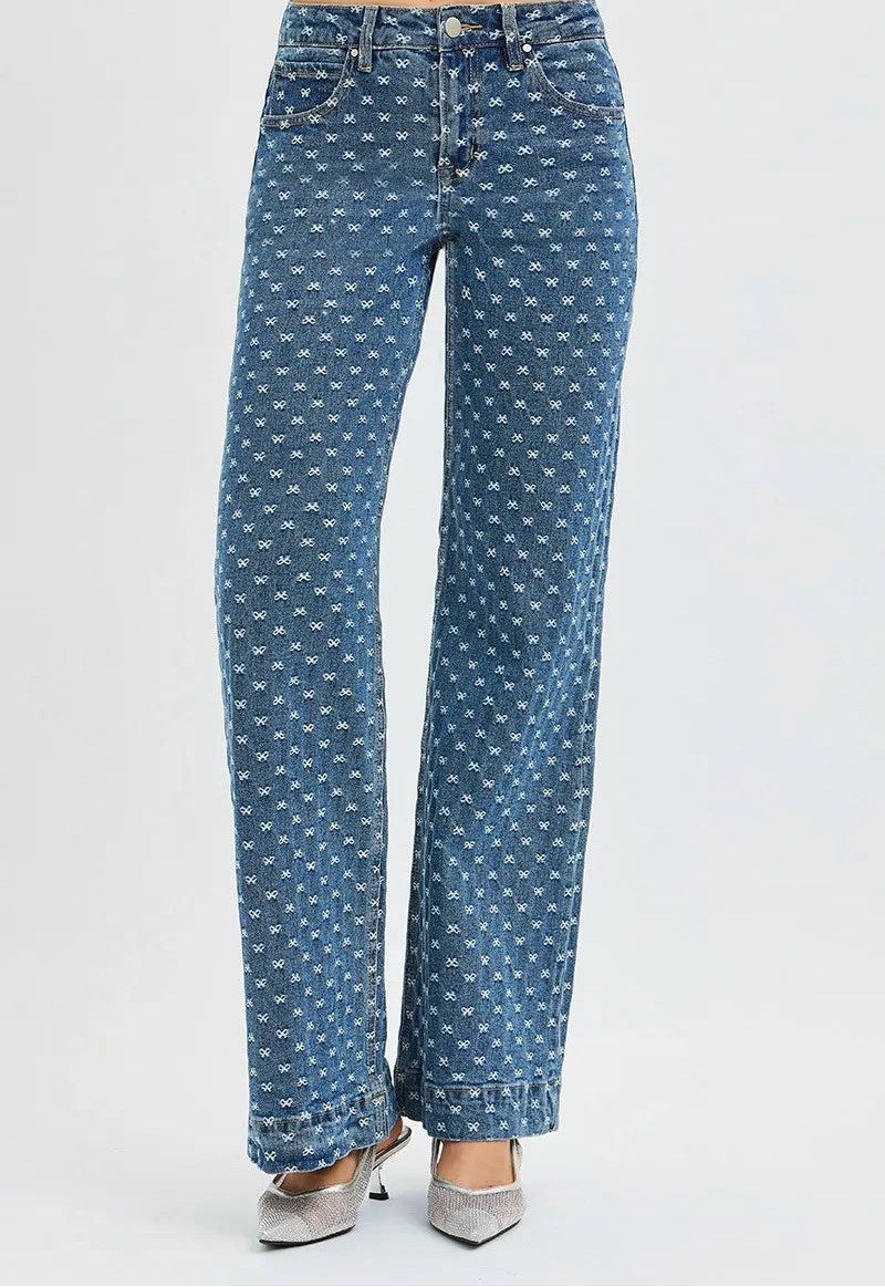 High Rise Wide Leg Bow Embroidered Jeans