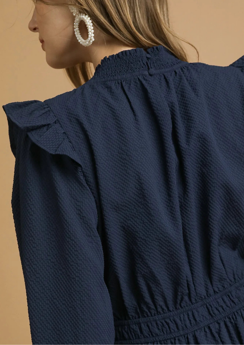 Textured Midi Dress with Ruffle Shoulder Detail