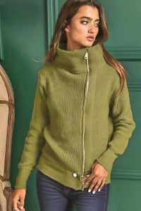 Front Zip Up High Neckline Sweater Jacket