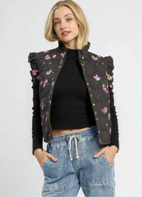 Ruffled Quilted Floral Snap Down Vest