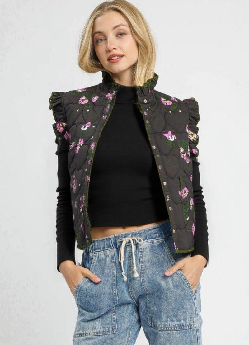 Ruffled Quilted Floral Snap Down Vest
