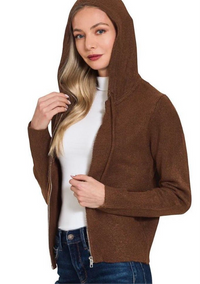 Drawstring Zip Up Hooded Cardigan