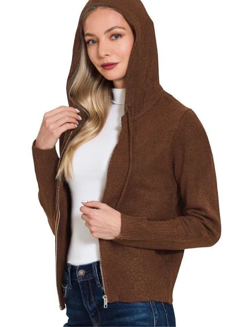 Drawstring Zip Up Hooded Cardigan