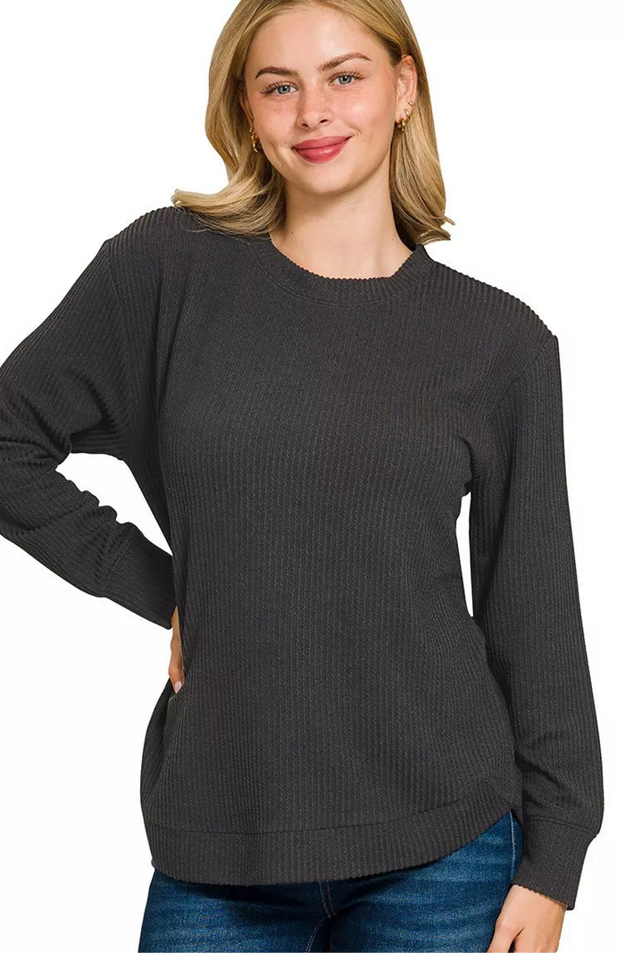 Raised Rib Round Neck Long Sleeve Top