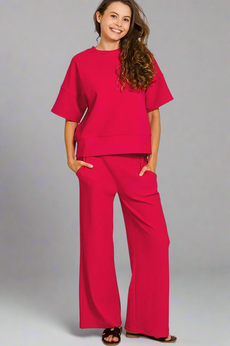 Ribbed Round Neck Tee & Pants Set