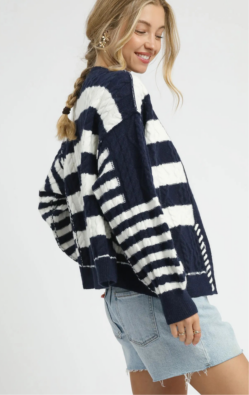 Cable-Knit Stripe Button-Up Cardigan