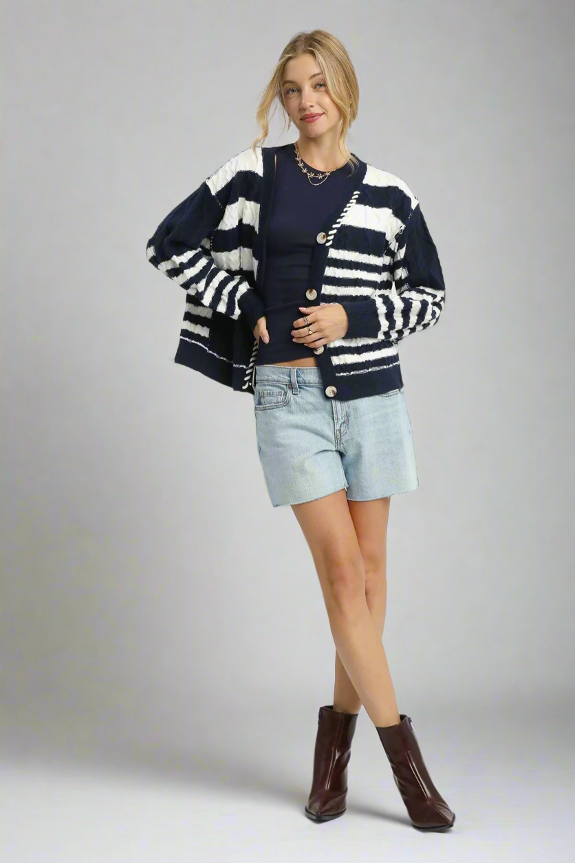 Cable-Knit Stripe Button-Up Cardigan