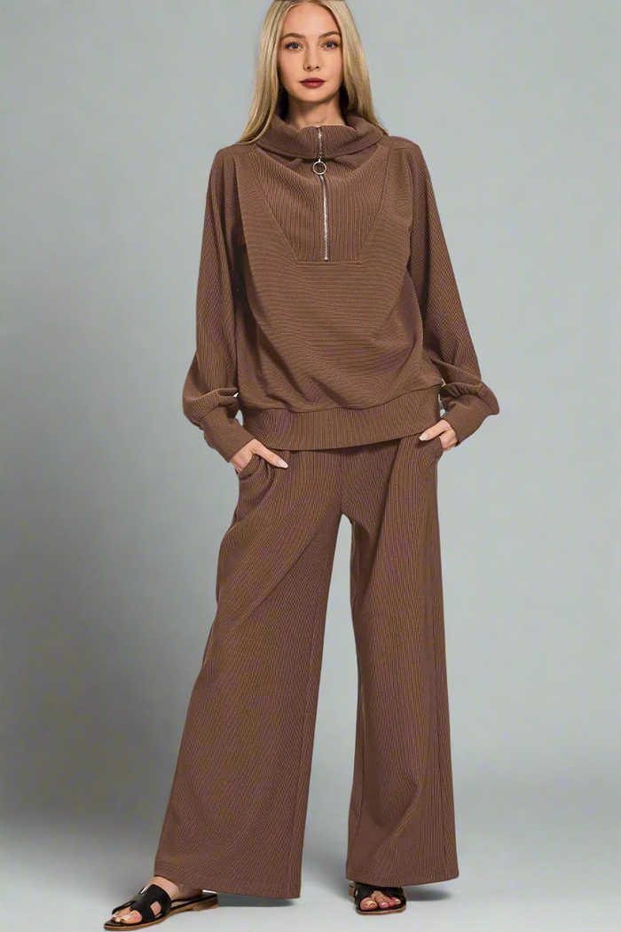 Ribbed High Neck Half Zip Pullover & Pants Set
