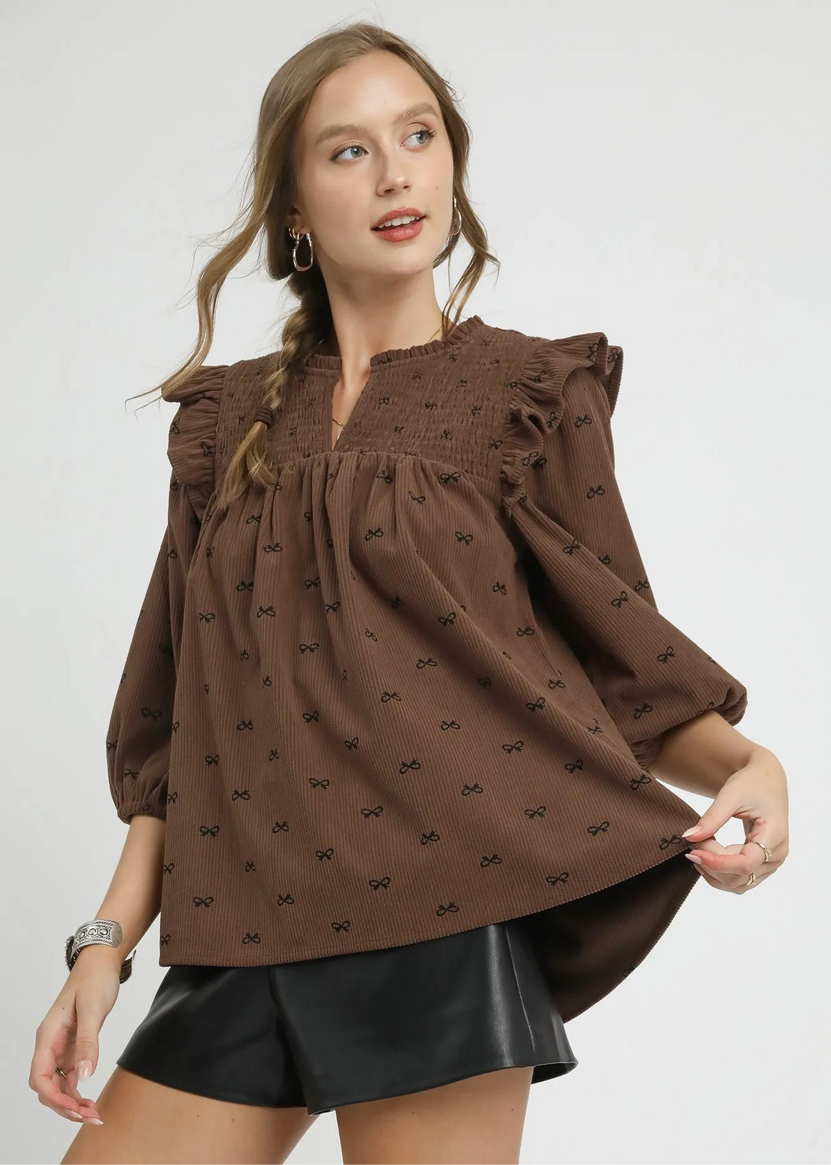 Bow Print Corduroy Puff Sleeve Blouse with Ruffled