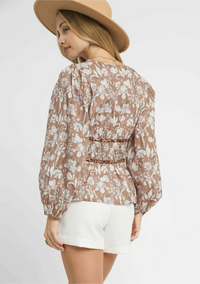 Floral Smocked Peplum Blouse with Tie Detail