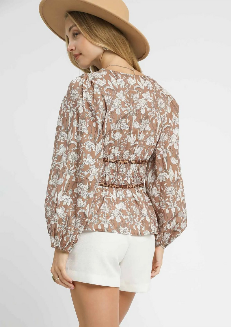 Floral Smocked Peplum Blouse with Tie Detail