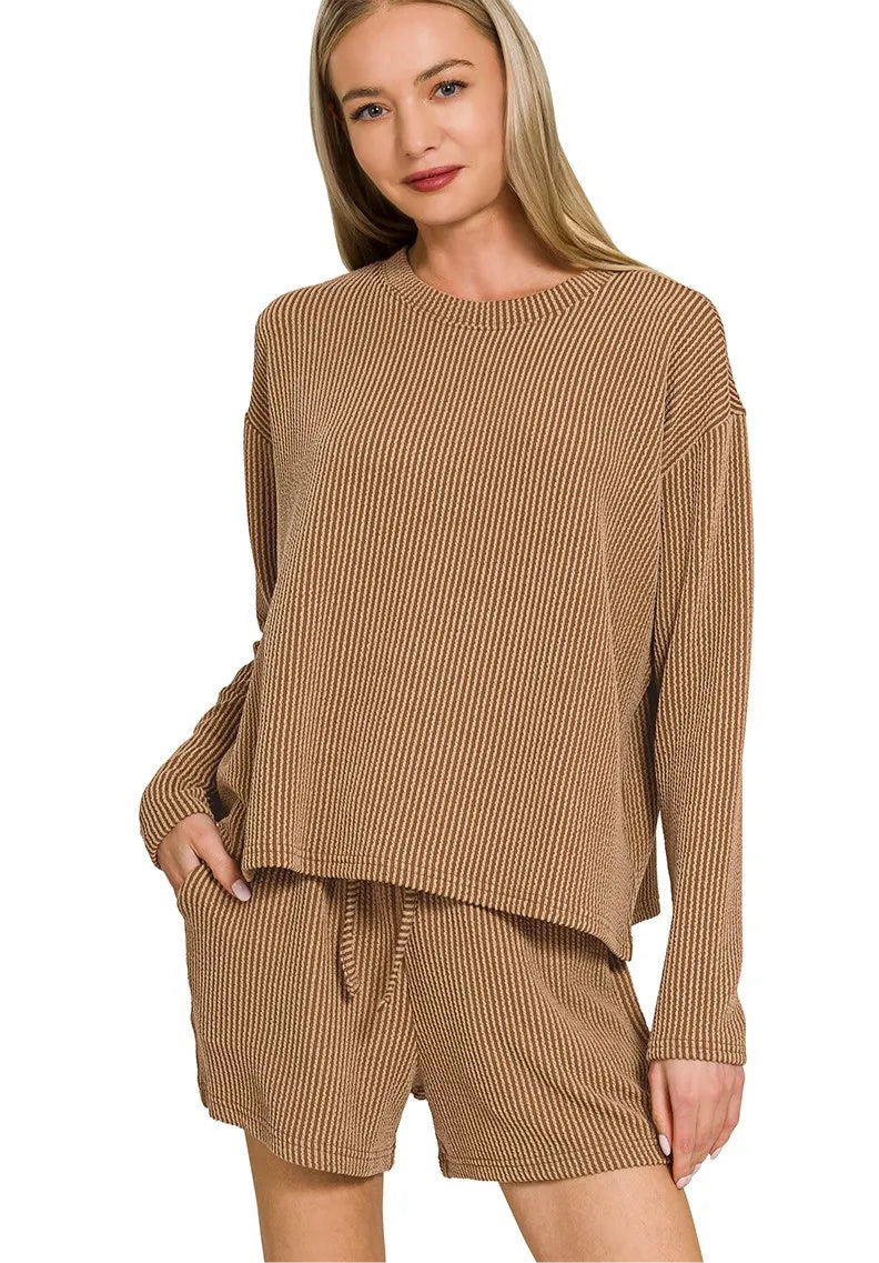 Corded Rib Long Sleeve Tee and Shorts Set