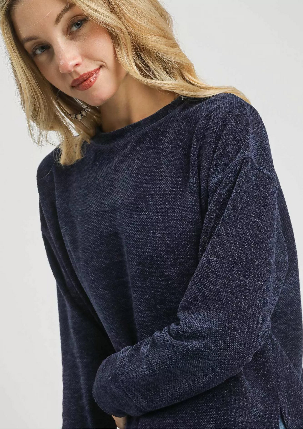 Round Neck Long Sleeve Side Slit Top