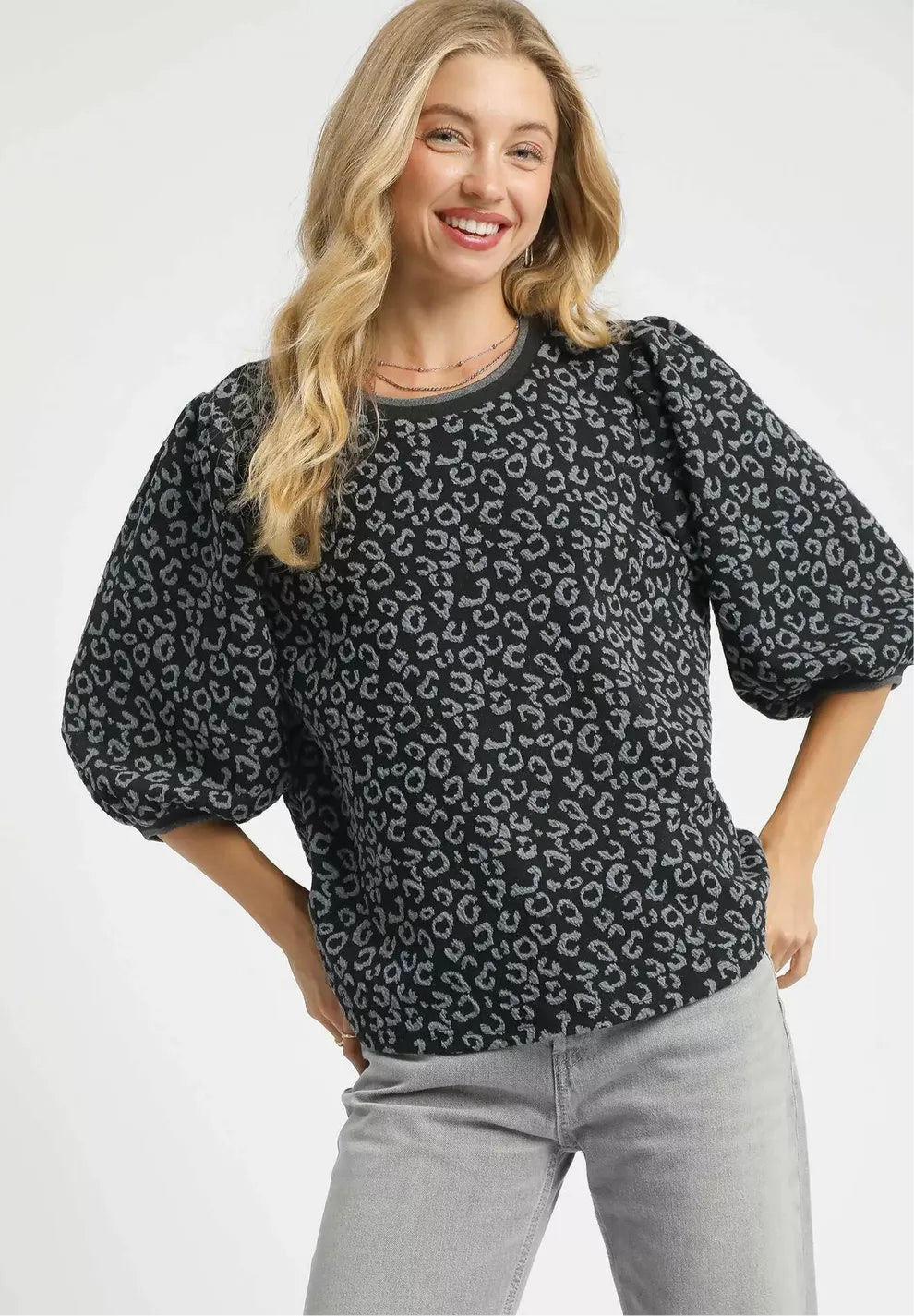 Leopard Print Jacquard Blouse with Puff Sleeves
