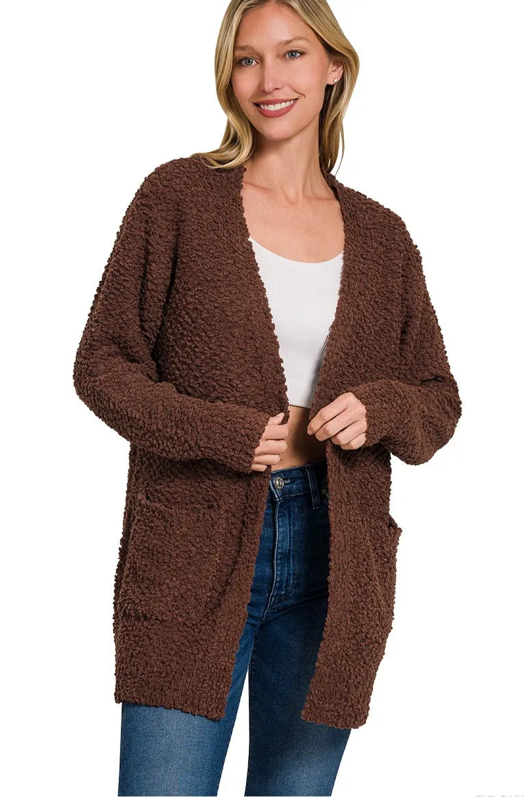 Long Sleeve Popcorn Sweater Cardigan with Pockets