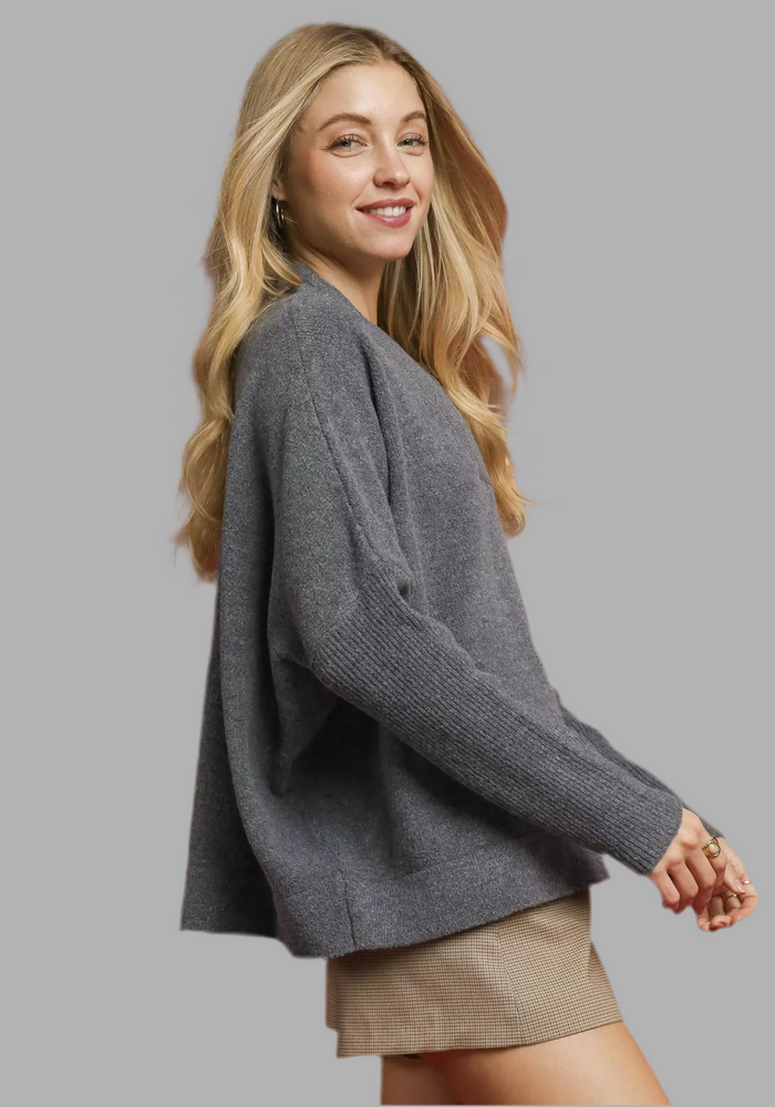 V-Neck Sweater with Wide Trim Detail