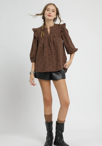 Bow Print Corduroy Puff Sleeve Blouse with Ruffled