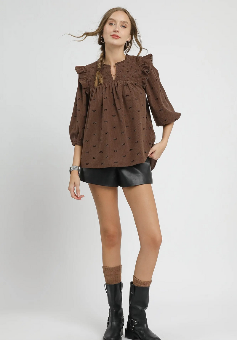 Bow Print Corduroy Puff Sleeve Blouse with Ruffled