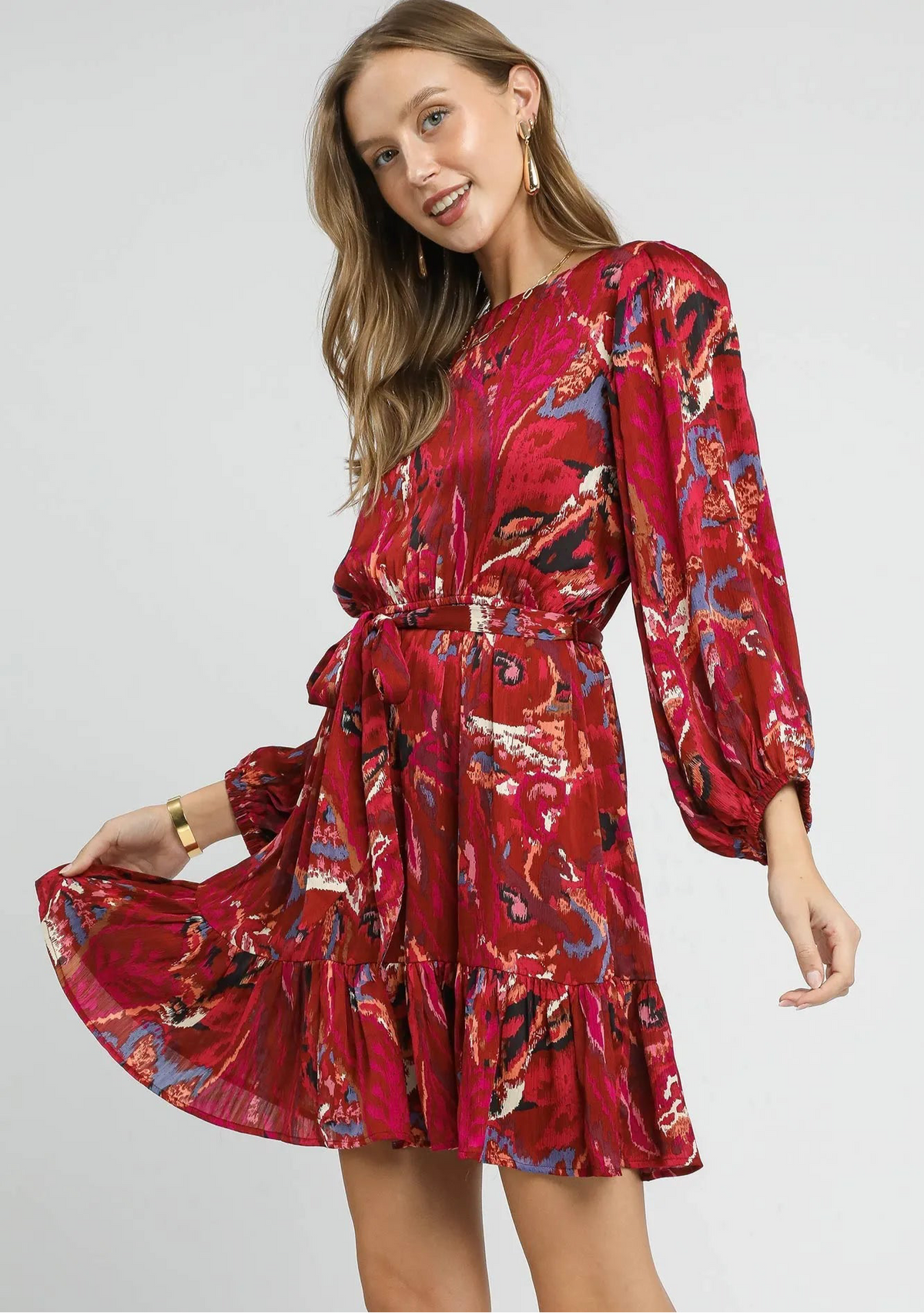 Ruffled Hem Printed Balloon Sleeve Dress