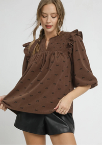 Bow Print Corduroy Puff Sleeve Blouse with Ruffled