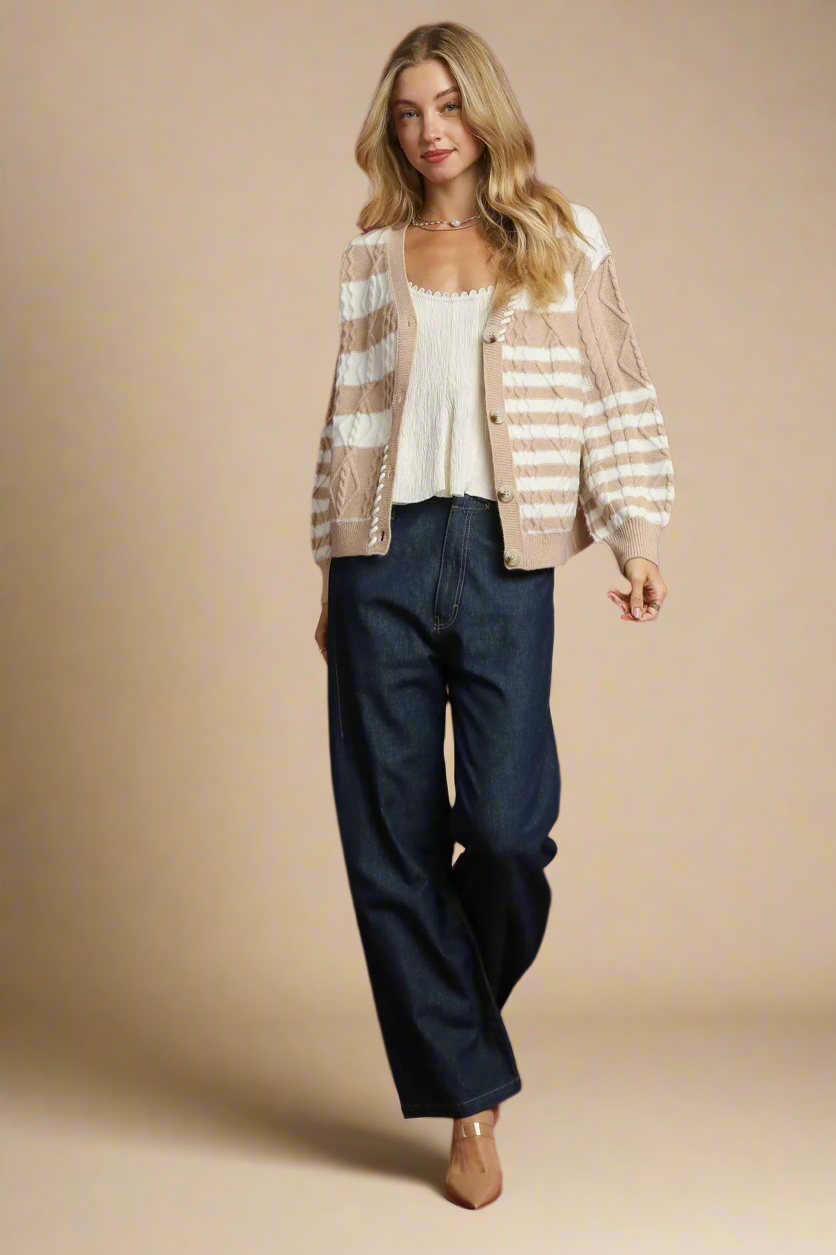Cable-Knit Stripe Button-Up Cardigan