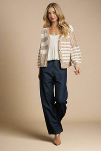 Cable-Knit Stripe Button-Up Cardigan