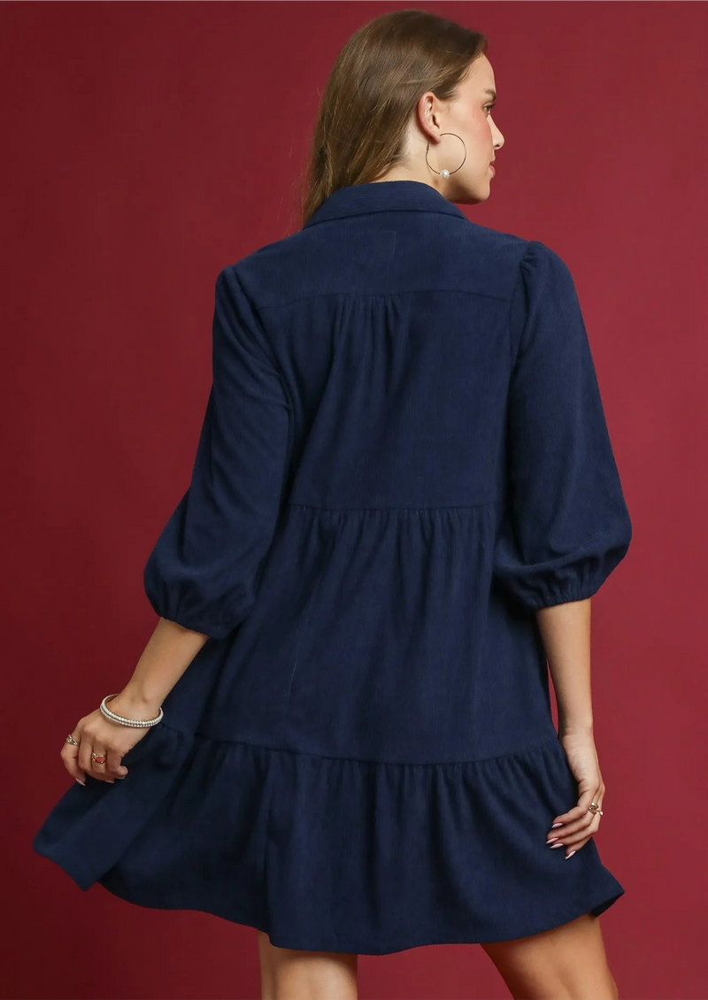 Tiered Corduroy Mini Dress with Balloon Sleeves