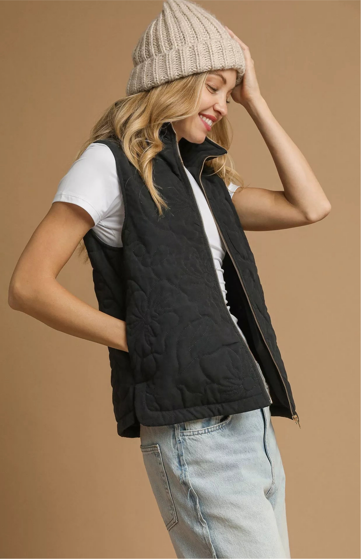 Quilted Floral Zip Up Vest with Pockets