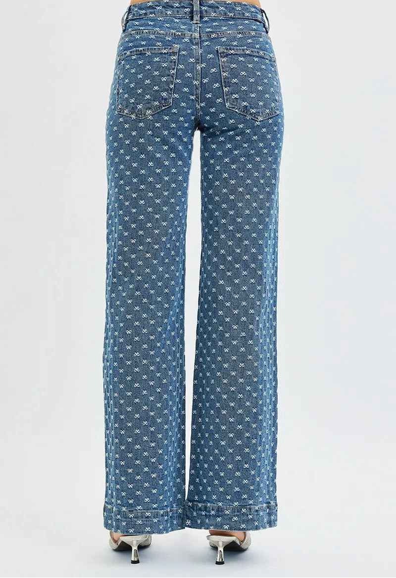 High Rise Wide Leg Bow Embroidered Jeans