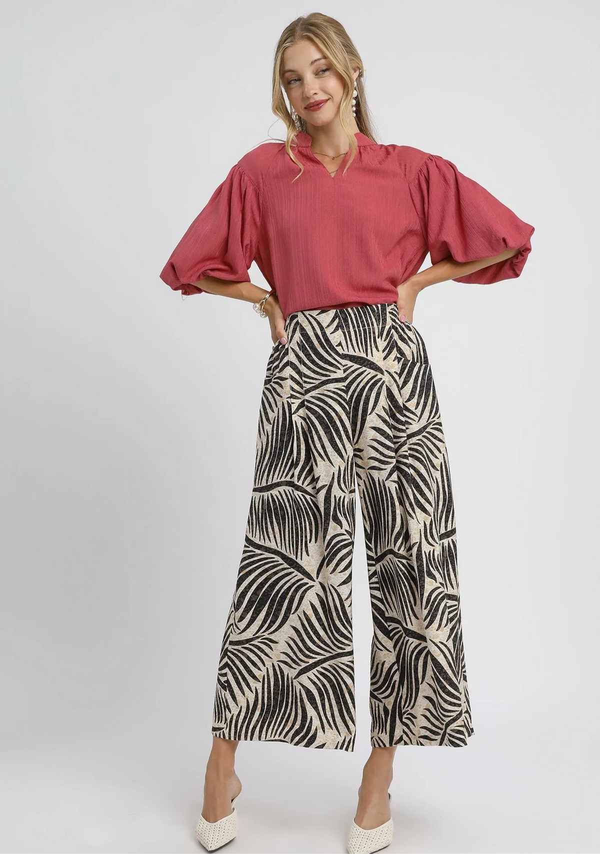 Palm Leaf Print Wide Leg Culotte Pants