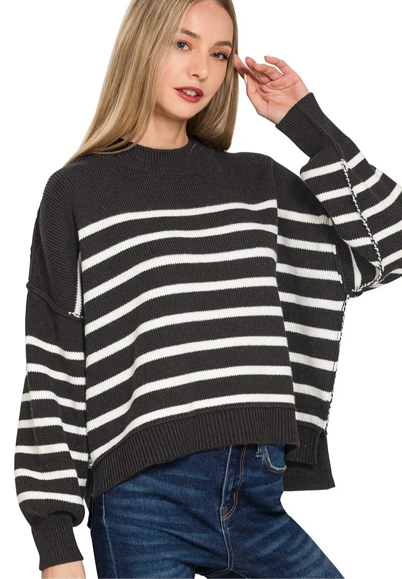 Exposed Seam Striped Oversized Sweater
