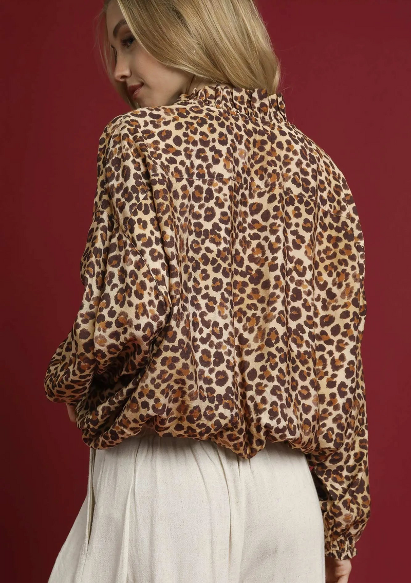 Leopard Print Balloon Sleeve Blouse
