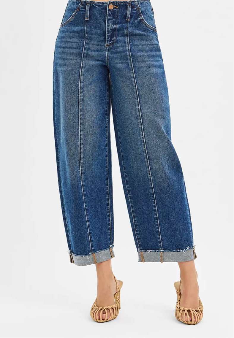 High Rise Fit Barrel Cuffed Jeans