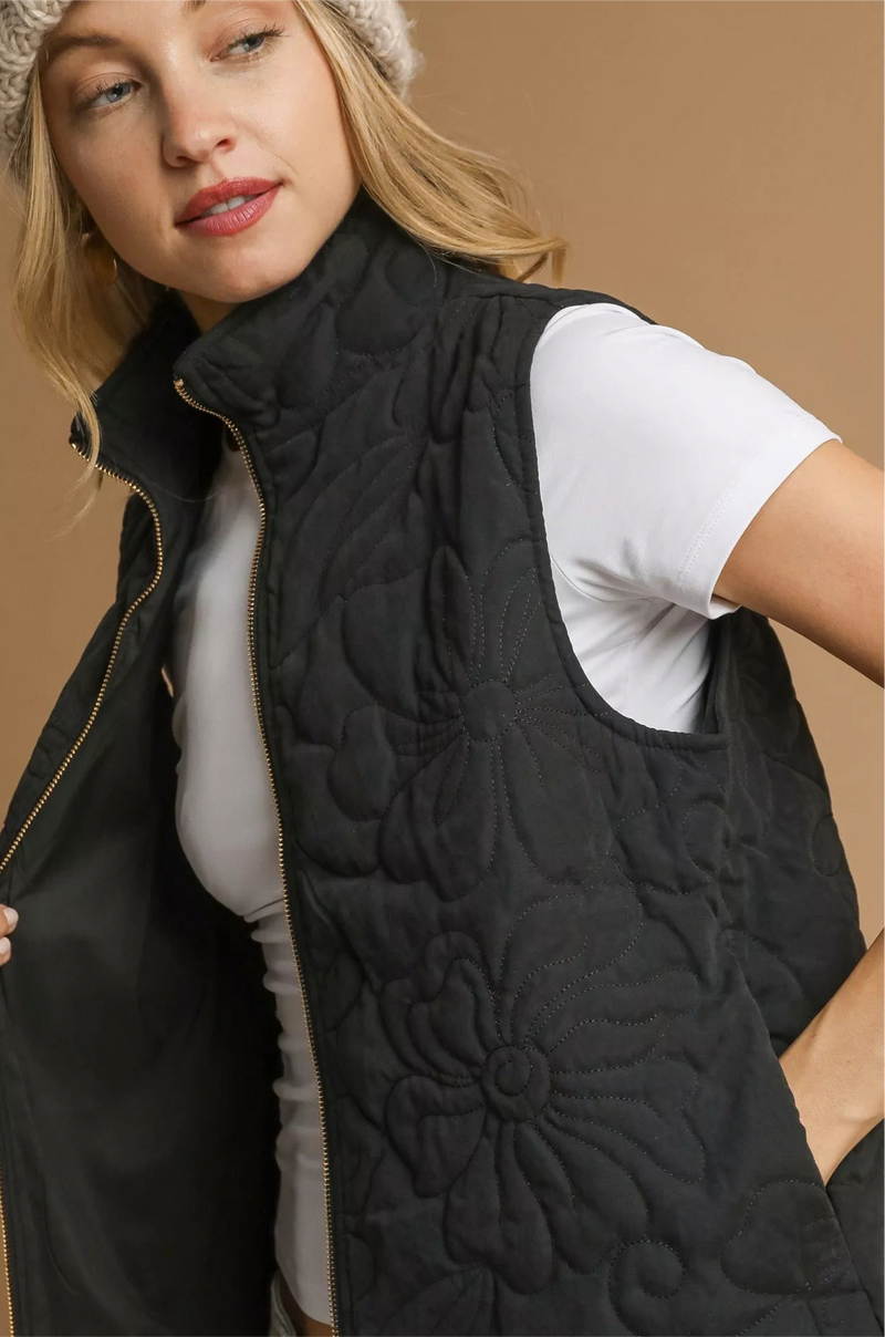 Quilted Floral Zip Up Vest with Pockets