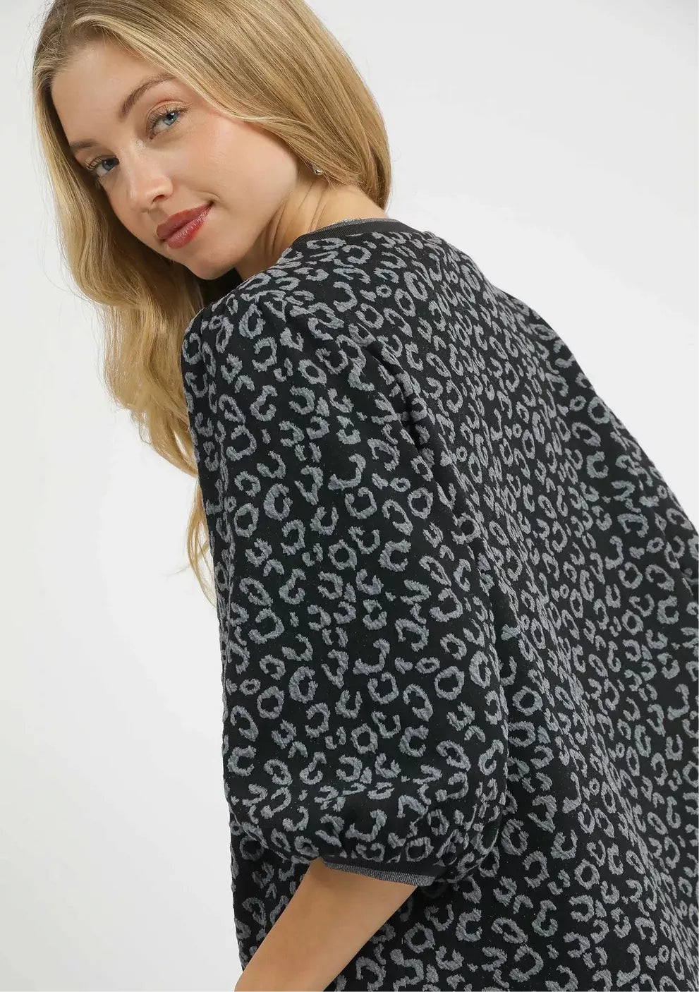 Leopard Print Jacquard Blouse with Puff Sleeves