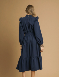 Textured Midi Dress with Ruffle Shoulder Detail