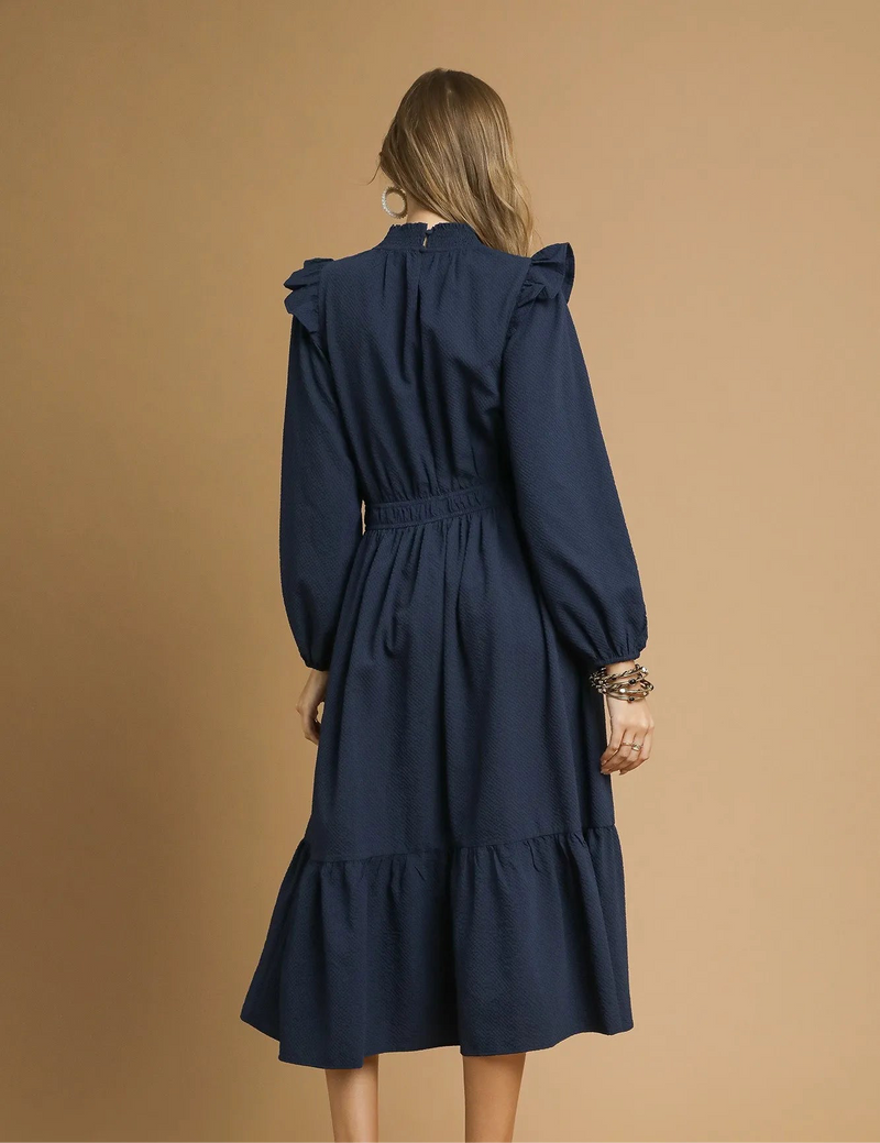 Textured Midi Dress with Ruffle Shoulder Detail